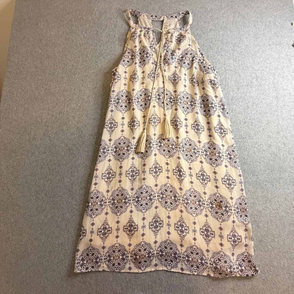 Pink Rose Medallion Print Halter Dress Cream Blue Boho Tassel Keyhole M